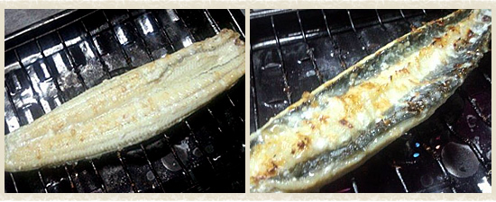 焦げ付きやすいので遠火でゆっくりきつね色になるまで焼き、皮目も同様パリッとするまで焙ります